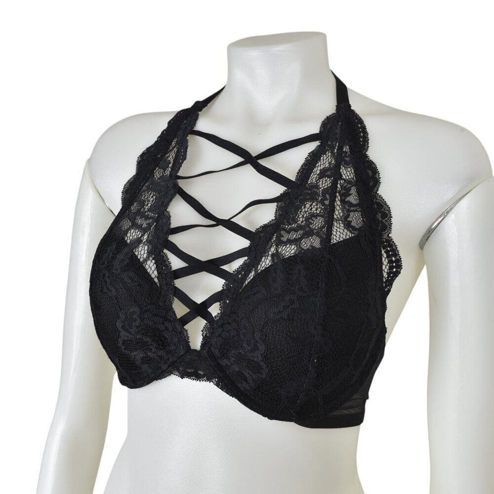 La Senza Black Lace Halter Bra 34D - Strappy Front Cage Detail Bralette - Picture 2 of 8